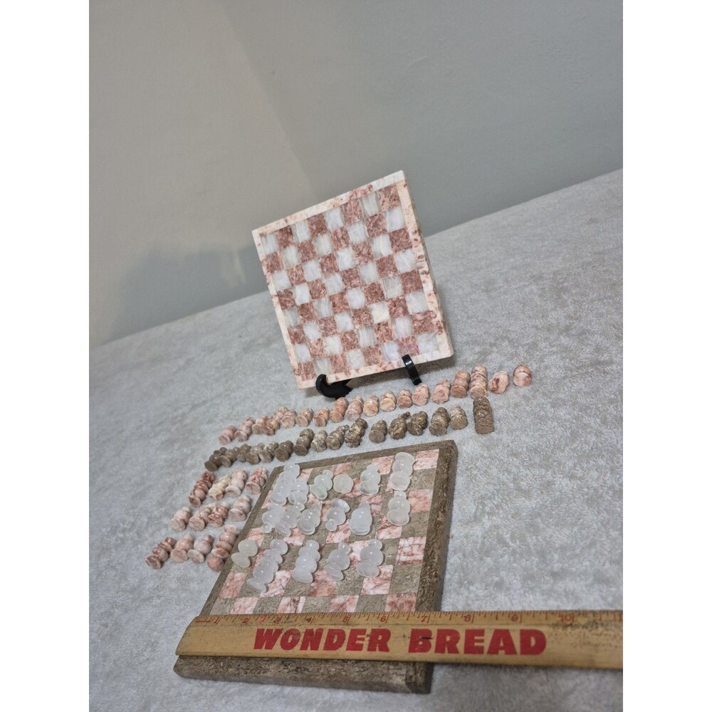 Vintage Marble Onyx Stone Chess Set Lot Pink Brown White Board Pieces Incomplete